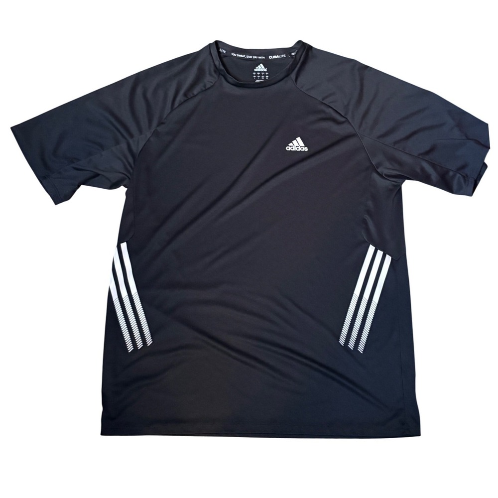 Adidas Climalite T-Shirt Mens Large Black Good Short Sleeve Logo Side Stripes - Picture 4 of 6